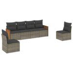 6-Piece Garden Sofa Set with Cushions Grey Poly Rattan Wicker Outdoor Patio Furniture
