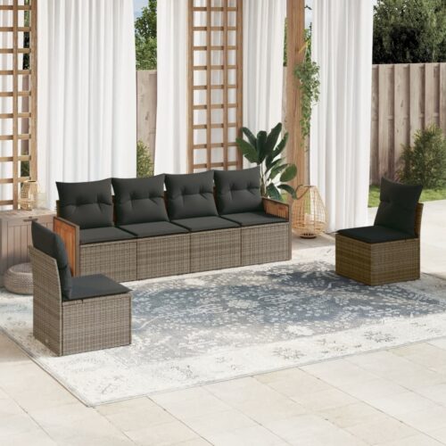 6-Piece Garden Sofa Set with Cushions Grey Poly Rattan Wicker Outdoor Patio Furniture - Image 2