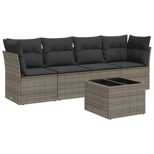 5-Piece Garden Sofa Set with Cushions Grey Poly Rattan Wicker Outdoor Patio Furniture - Image 5