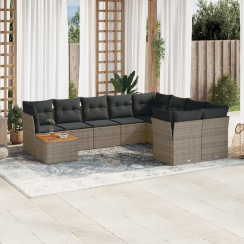 10-Piece Garden Sofa Set with Cushions Grey Poly Rattan Wicker Outdoor Patio Furniture - Image 2