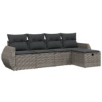 5-Piece Garden Sofa Set with Cushions Grey Poly Rattan Wicker Outdoor Patio Furniture