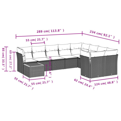 10-Piece Garden Sofa Set with Cushions Grey Poly Rattan Wicker Outdoor Patio Furniture - Image 3