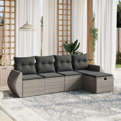 5-Piece Garden Sofa Set with Cushions Grey Poly Rattan Wicker Outdoor Patio Furniture - Image 2