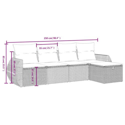 5-Piece Garden Sofa Set with Cushions Grey Poly Rattan Wicker Outdoor Patio Furniture - Image 4
