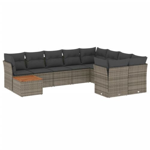 10-Piece Garden Sofa Set with Cushions Grey Poly Rattan Wicker Outdoor Patio Furniture - Image 5