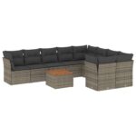 10-Piece Garden Sofa Set with Cushions Grey Poly Rattan Wicker Outdoor Patio Furniture