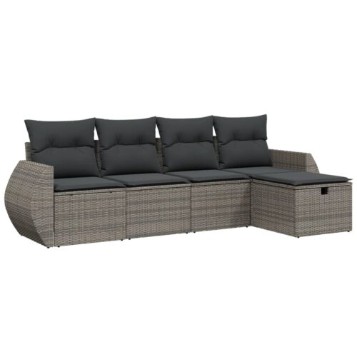 5-Piece Garden Sofa Set with Cushions Grey Poly Rattan Wicker Outdoor Patio Furniture - Image 6