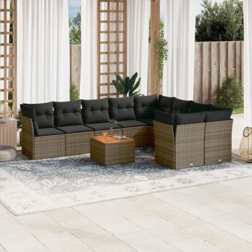 10-Piece Garden Sofa Set with Cushions Grey Poly Rattan Wicker Outdoor Patio Furniture - Image 2