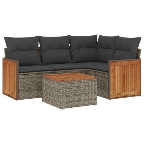 5-Piece Garden Sofa Set with Cushions Grey Poly Rattan Wicker Outdoor Patio Furniture