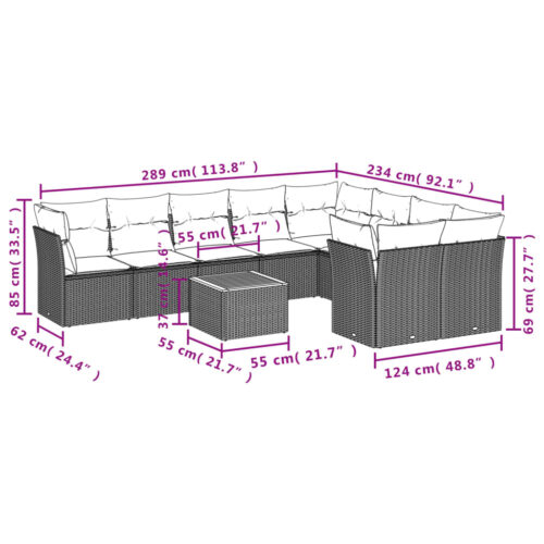 10-Piece Garden Sofa Set with Cushions Grey Poly Rattan Wicker Outdoor Patio Furniture - Image 3