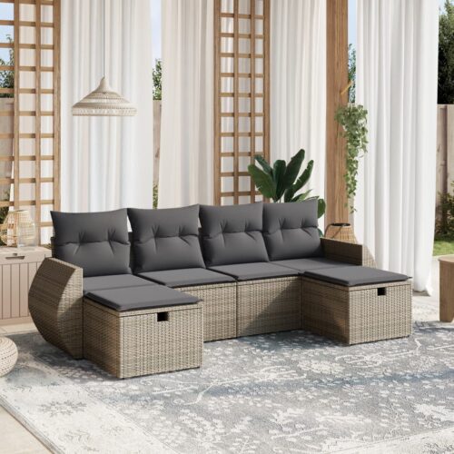 6-Piece Garden Sofa Set with Cushions Grey Poly Rattan Wicker Outdoor Patio Furniture - Image 2