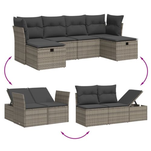 6-Piece Garden Sofa Set with Cushions Grey Poly Rattan Wicker Outdoor Patio Furniture - Image 3