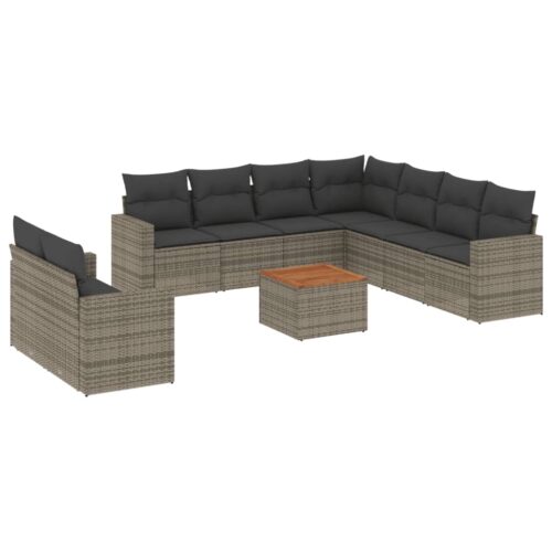 10-Piece Garden Sofa Set with Cushions Grey Poly Rattan Wicker Outdoor Patio Furniture