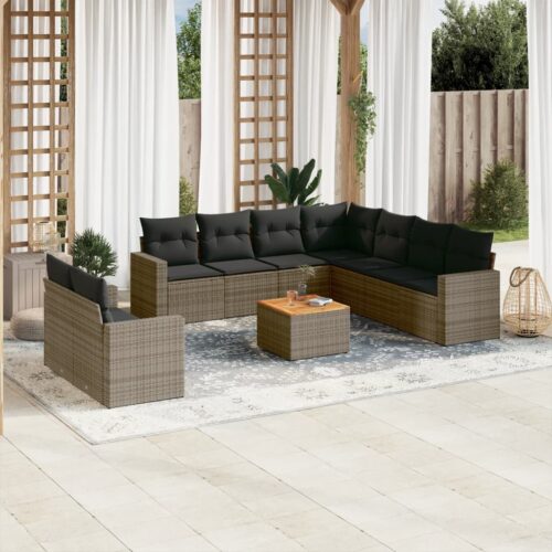 10-Piece Garden Sofa Set with Cushions Grey Poly Rattan Wicker Outdoor Patio Furniture - Image 2