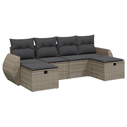 6-Piece Garden Sofa Set with Cushions Grey Poly Rattan Wicker Outdoor Patio Furniture - Image 6