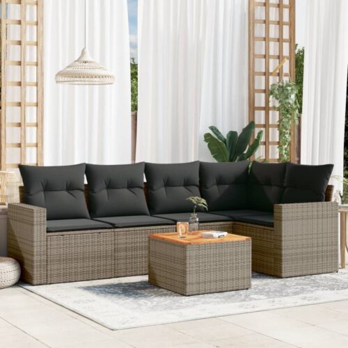 6-Piece Garden Sofa Set with Cushions Grey Poly Rattan Wicker Outdoor Patio Furniture - Image 2