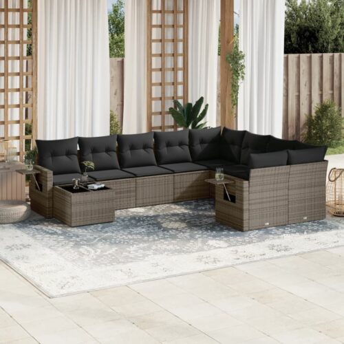10-Piece Garden Sofa Set with Cushions Grey Poly Rattan Wicker Outdoor Patio Furniture - Image 2