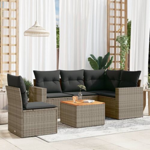 6-Piece Garden Sofa Set with Cushions Grey Poly Rattan Wicker Outdoor Patio Furniture - Image 2