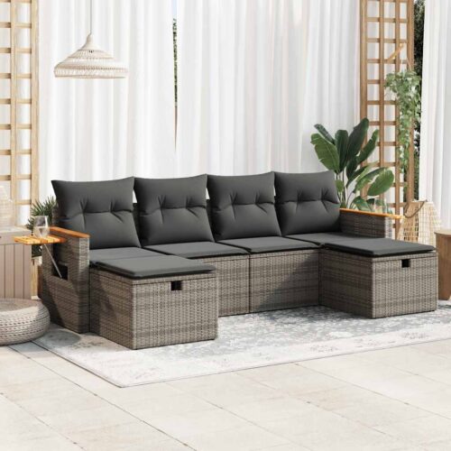 6-Piece Garden Sofa Set with Cushions Grey Poly Rattan Wicker Outdoor Patio Furniture - Image 2
