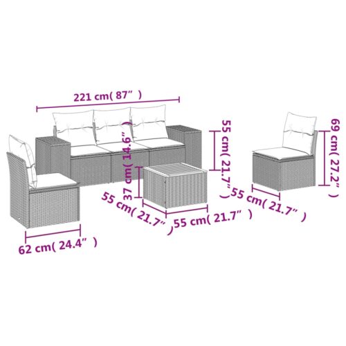 6-Piece Garden Sofa Set with Cushions Grey Poly Rattan Wicker Outdoor Patio Furniture - Image 3