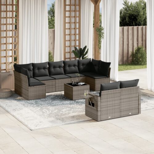 10-Piece Garden Sofa Set with Cushions Grey Poly Rattan Wicker Outdoor Patio Furniture - Image 2