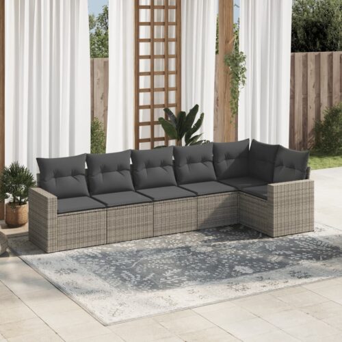 6-Piece Garden Sofa Set with Cushions Grey Poly Rattan Wicker Outdoor Patio Furniture - Image 2