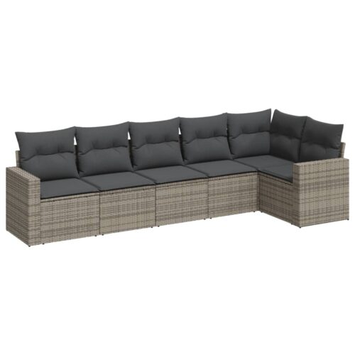 6-Piece Garden Sofa Set with Cushions Grey Poly Rattan Wicker Outdoor Patio Furniture - Image 5