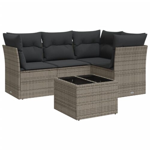 5-Piece Garden Sofa Set with Cushions Grey Poly Rattan Wicker Outdoor Patio Furniture - Image 5