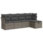 5-Piece Garden Sofa Set with Cushions Grey Poly Rattan Wicker Outdoor Patio Furniture