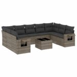 10-Piece Garden Sofa Set with Cushions Grey Poly Rattan Wicker Outdoor Patio Furniture