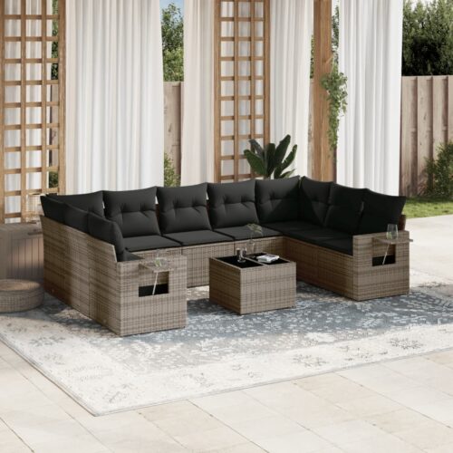 10-Piece Garden Sofa Set with Cushions Grey Poly Rattan Wicker Outdoor Patio Furniture - Image 2