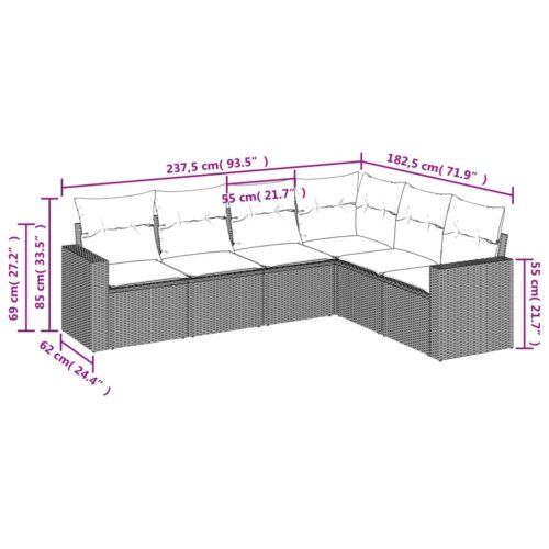 6-Piece Garden Sofa Set with Cushions Grey Poly Rattan Wicker Outdoor Patio Furniture - Image 3