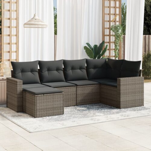 6-Piece Garden Sofa Set with Cushions Grey Poly Rattan Wicker Outdoor Patio Furniture - Image 2
