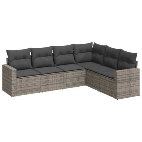 6-Piece Garden Sofa Set with Cushions Grey Poly Rattan Wicker Outdoor Patio Furniture - Image 5