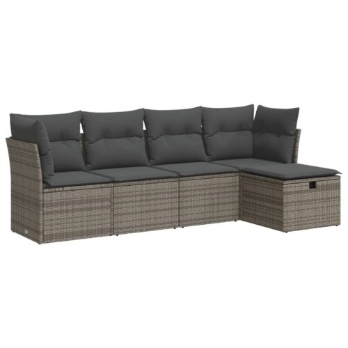 5-Piece Garden Sofa Set with Cushions Grey Poly Rattan Wicker Outdoor Patio Furniture - Image 13