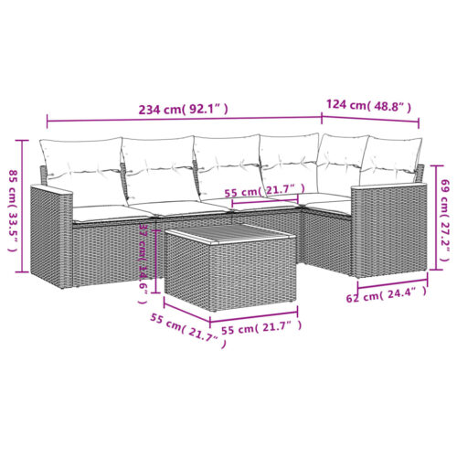 6-Piece Garden Sofa Set with Cushions Grey Poly Rattan Wicker Outdoor Patio Furniture - Image 8