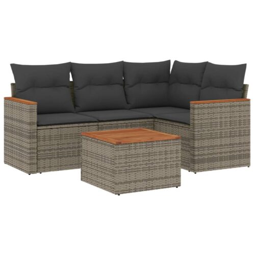 5-Piece Garden Sofa Set with Cushions Grey Poly Rattan Wicker Outdoor Patio Furniture - Image 5