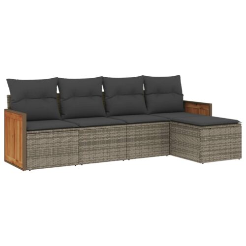 5-Piece Garden Sofa Set with Cushions Grey Poly Rattan Wicker Outdoor Patio Furniture