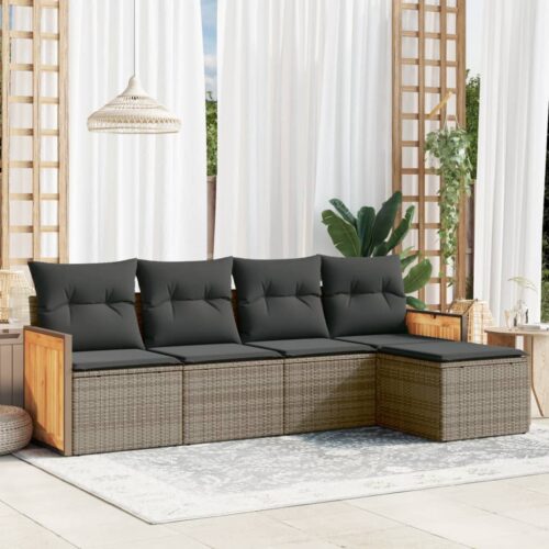 5-Piece Garden Sofa Set with Cushions Grey Poly Rattan Wicker Outdoor Patio Furniture - Image 2