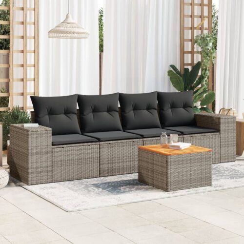 5-Piece Garden Sofa Set with Cushions Grey Poly Rattan Wicker Outdoor Patio Furniture - Image 2