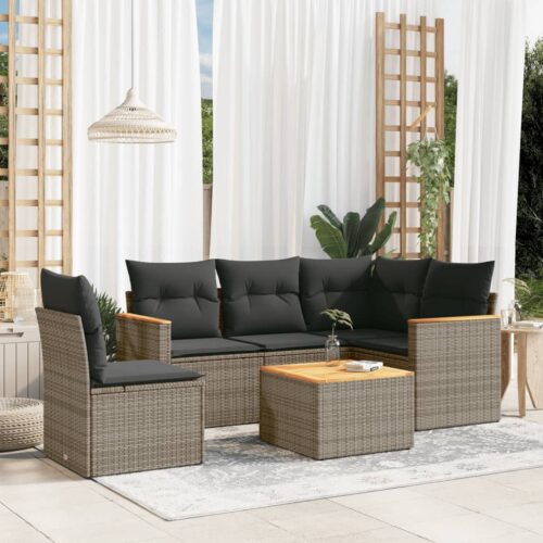 6-Piece Garden Sofa Set with Cushions Grey Poly Rattan Wicker Outdoor Patio Furniture - Image 2