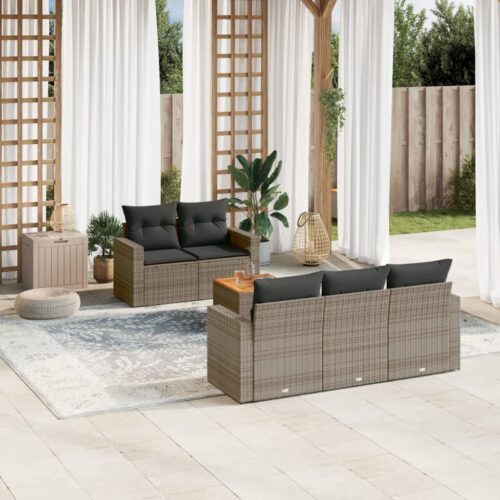 6-Piece Garden Sofa Set with Cushions Grey Poly Rattan Wicker Outdoor Patio Furniture - Image 2