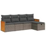 5-Piece Garden Sofa Set with Cushions Grey Poly Rattan Wicker Outdoor Patio Furniture