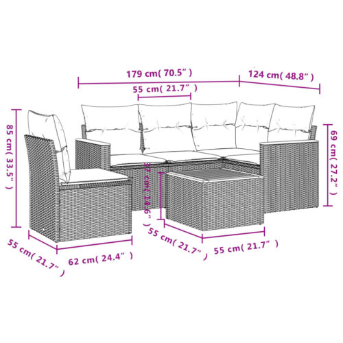 6-Piece Garden Sofa Set with Cushions Grey Poly Rattan Wicker Outdoor Patio Furniture - Image 8