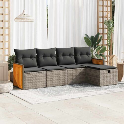 5-Piece Garden Sofa Set with Cushions Grey Poly Rattan Wicker Outdoor Patio Furniture - Image 2