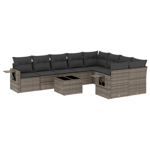 10-Piece Garden Sofa Set with Cushions Grey Poly Rattan Wicker Outdoor Patio Furniture - Image 14
