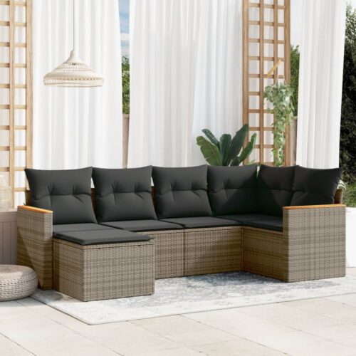 6-Piece Garden Sofa Set with Cushions Grey Poly Rattan Wicker Outdoor Patio Furniture - Image 2