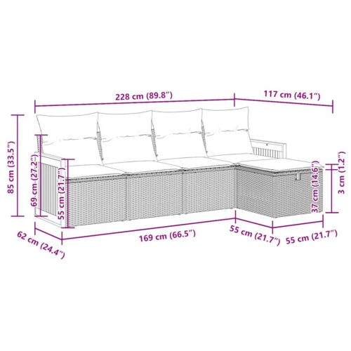 5-Piece Garden Sofa Set with Cushions Grey Poly Rattan Wicker Outdoor Patio Furniture - Image 12