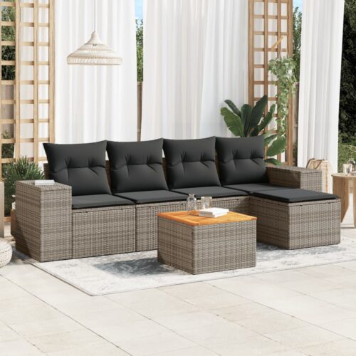 6-Piece Garden Sofa Set with Cushions Grey Poly Rattan Wicker Outdoor Patio Furniture - Image 2