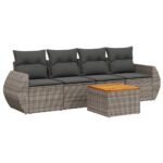 5-Piece Garden Sofa Set with Cushions Grey Poly Rattan Wicker Outdoor Patio Furniture